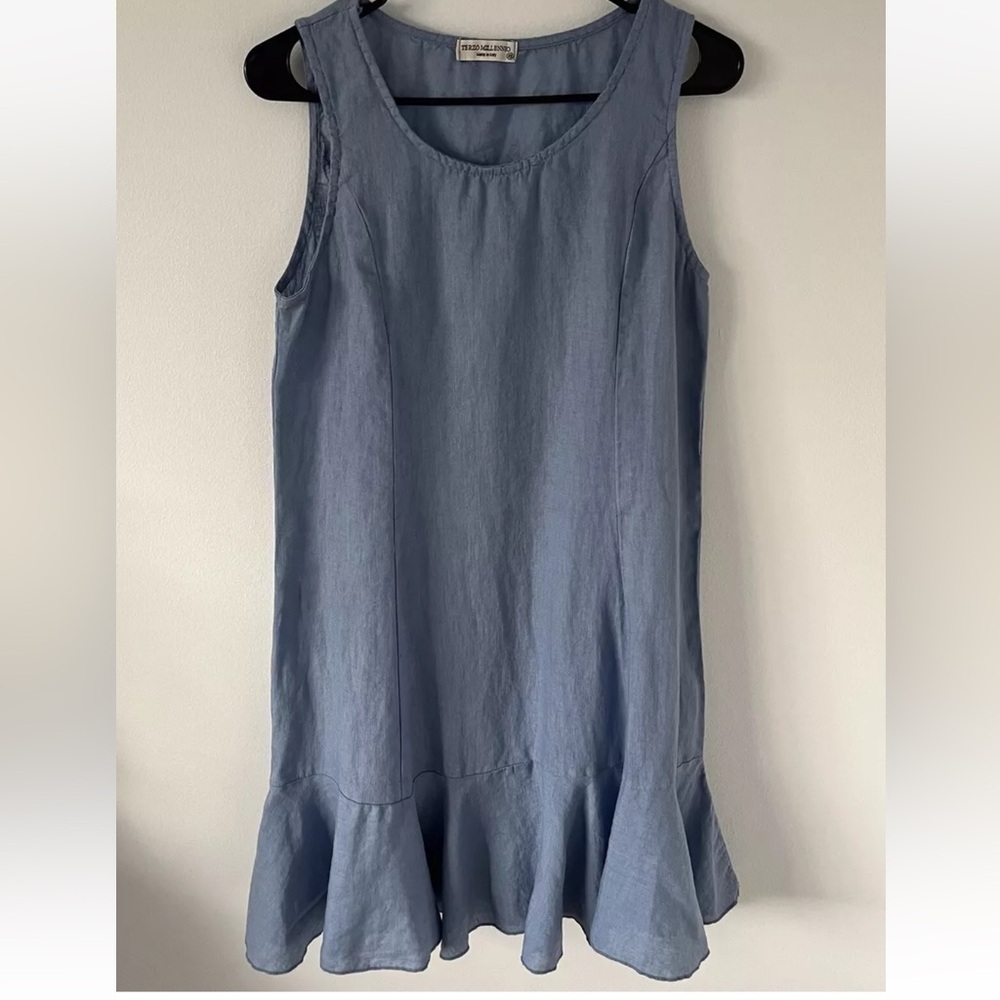 Terzo Millennio 100% Linen Dress Italy Made Sz XS Light Sky Blue Ruffle *G16